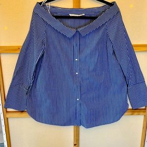COPY - Zara trafaluc wide boat neck off shoulder blue stripe button down shirt